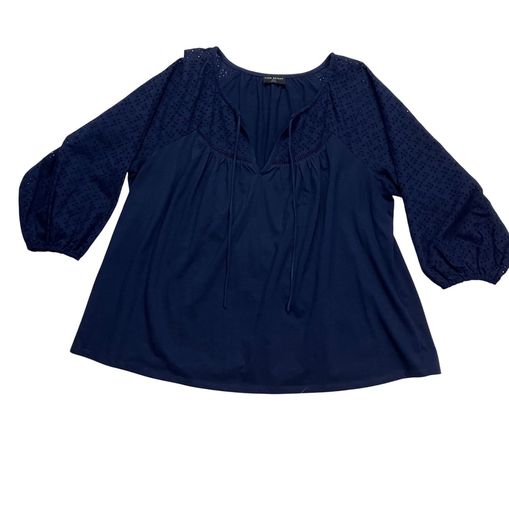 Lane Bryant Navy Blue Eyelet Blouse Plus Size 22‎ 24 3/4 Sleeve V Neck Tie